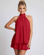 Celestia Mini Dress by Lauven — chiffon sleeveless halter neck mini dress