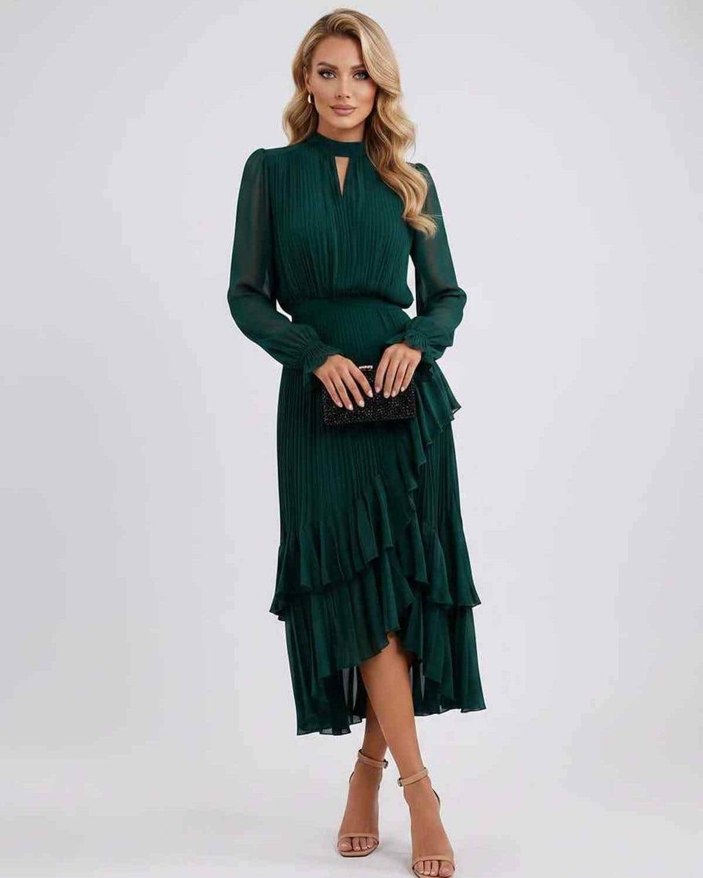 Celestia Maxi Dress by Lauven — chiffon long sleeve high neck A-line maxi dress