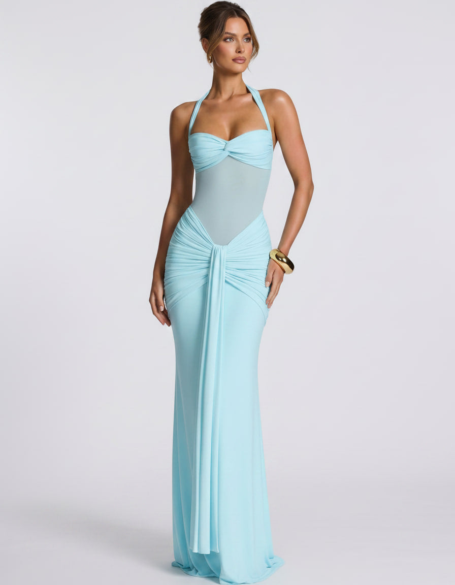 Solvane Maxi Dress by Lauven — stretch mesh sleeveless halter neck slim fit maxi dress