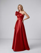 Aurevina Maxi Dress by Lauven — satin one shoulder A-line maxi dress with ruffle detail