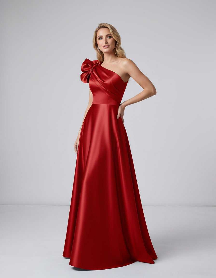 Aurevina Maxi Dress by Lauven — satin one shoulder A-line maxi dress with ruffle detail