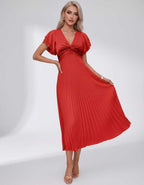 Veloura Midi Dress by Lauven — pleated chiffon flutter sleeve V-neck A-line midi dress