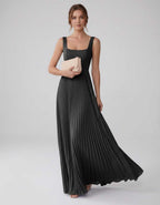 Veloura Maxi Dress by Lauven — satin chiffon sleeveless square neck pleated A-line maxi dress