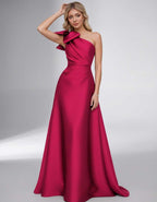 Celestia Maxi Dress by Lauven — satin one shoulder A-line maxi dress with bow