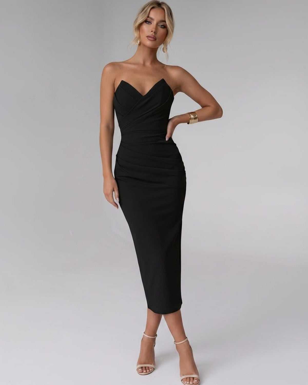 Serelle Midi Dress by Lauven — smooth stretch strapless sweetheart neck fitted midi dress