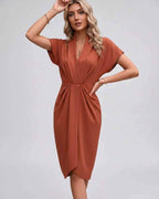 Veloura Midi Dress by Lauven — satin cap sleeve V-neck draped midi dress