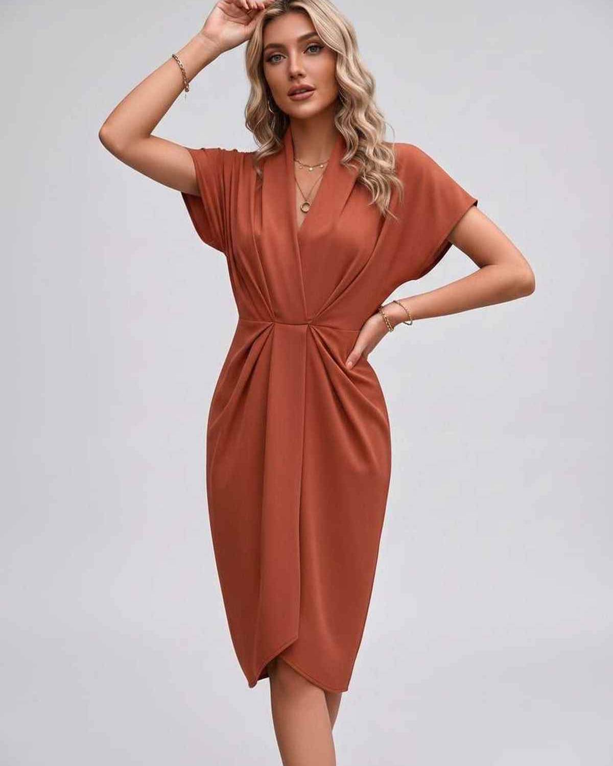 Veloura Midi Dress by Lauven — satin cap sleeve V-neck draped midi dress