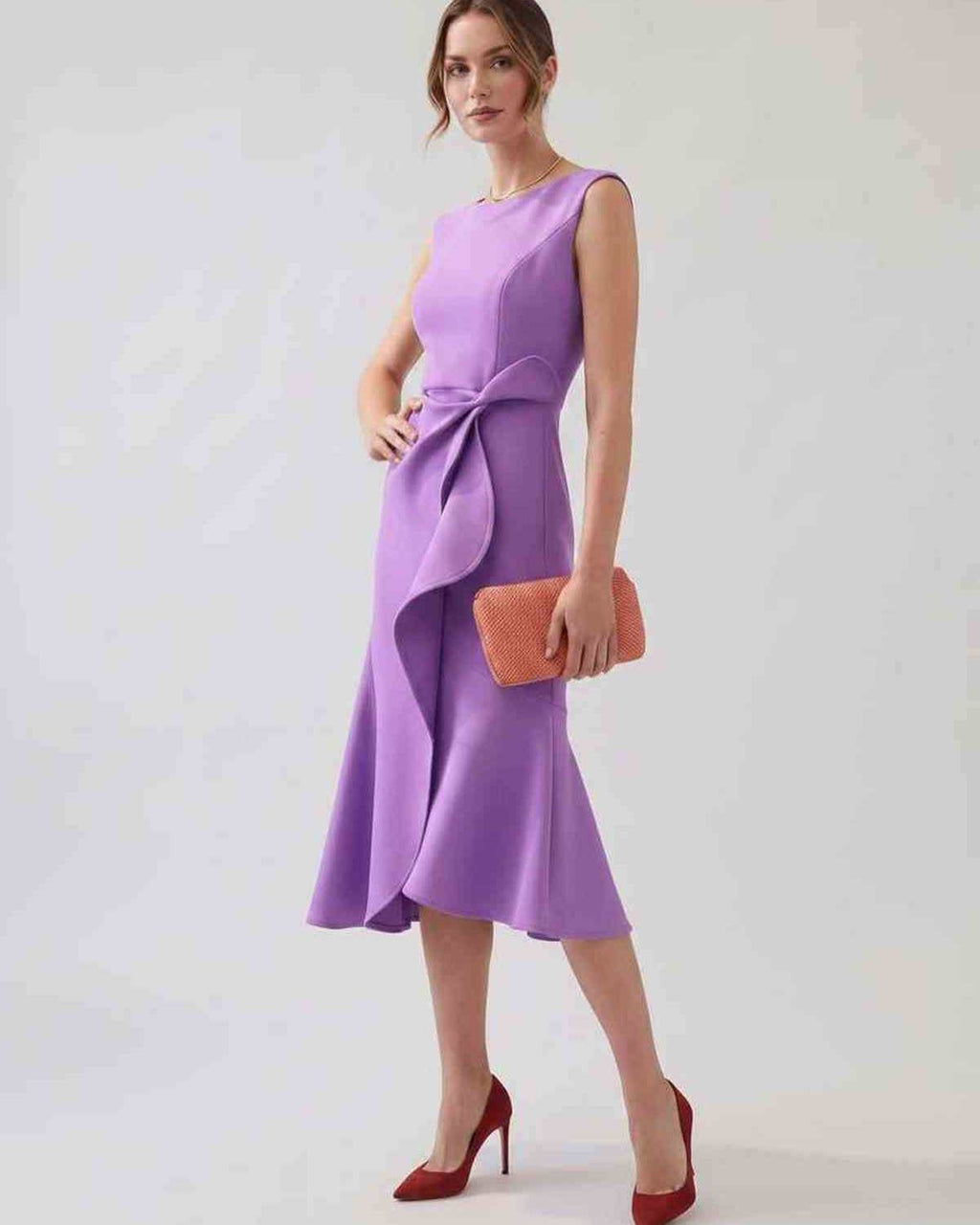 Serelune Midi Dress by Lauven — sleeveless satin midi dress with ruffle detail and fit flare silhouette