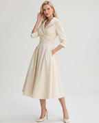 Serelune Midi Dress by Lauven — satin blend 3/4 sleeve V-neck A-line midi dress