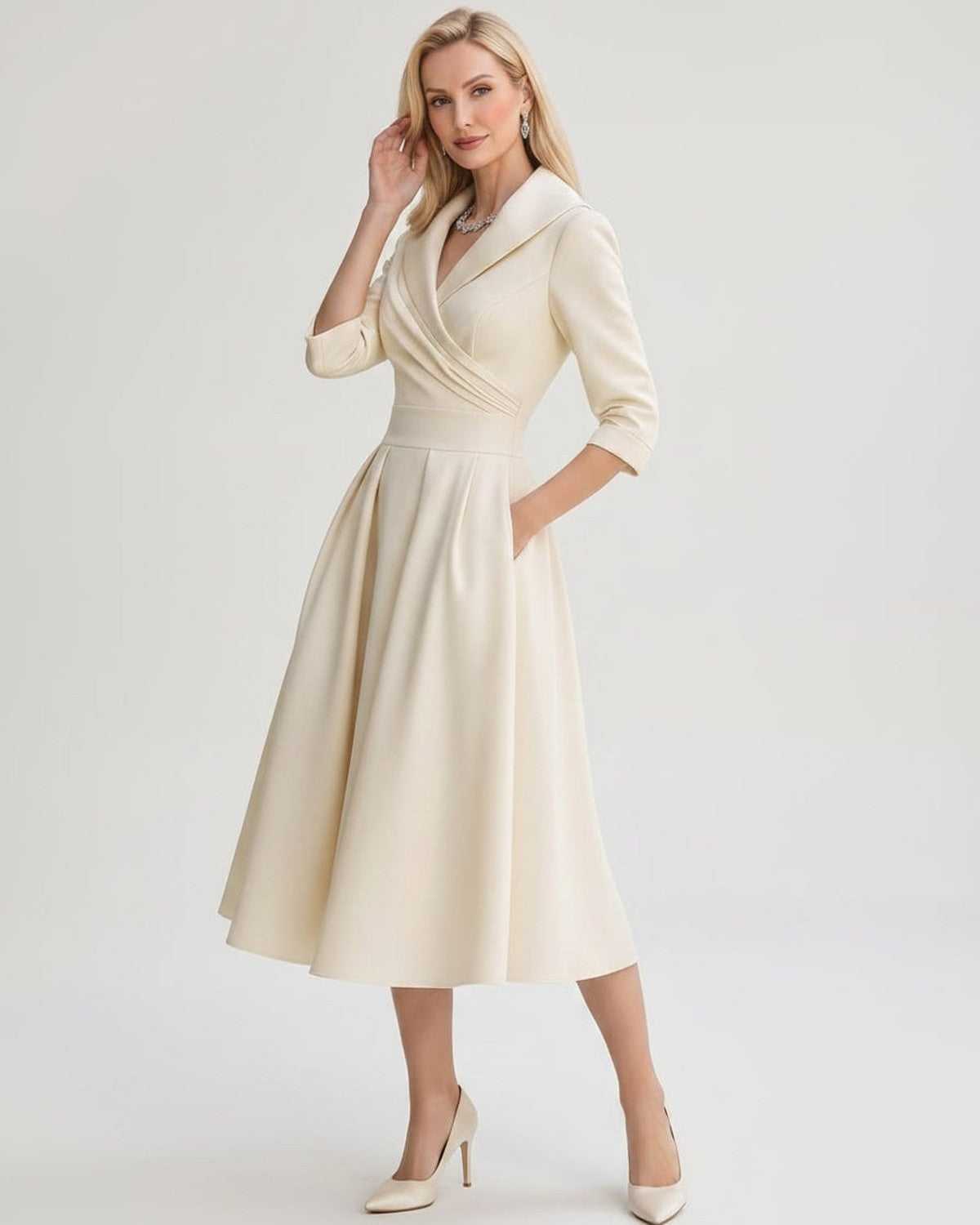 Serelune Midi Dress by Lauven — satin blend 3/4 sleeve V-neck A-line midi dress
