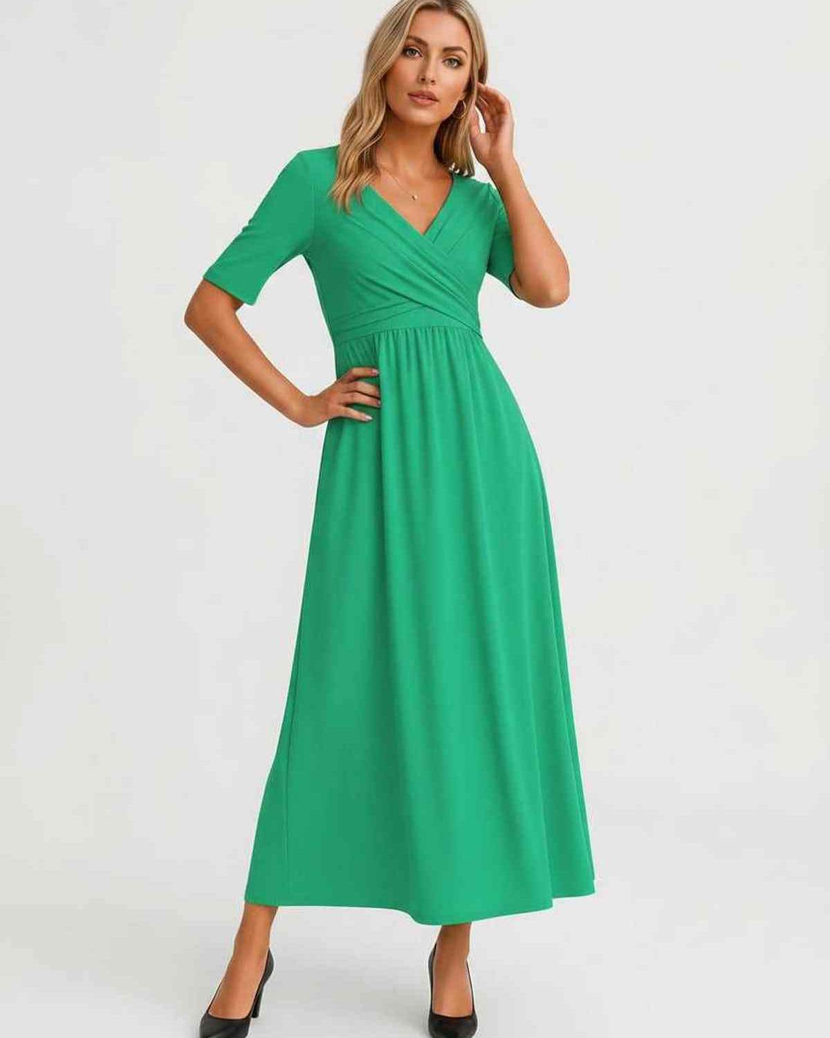 Velmira Midi Dress by Lauven — soft stretch short sleeve V-neck A-line midi dress