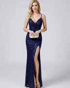 Celeste Maxi Dress by Lauven — sequin sleeveless V-neck mermaid maxi dress with spaghetti straps and front slit