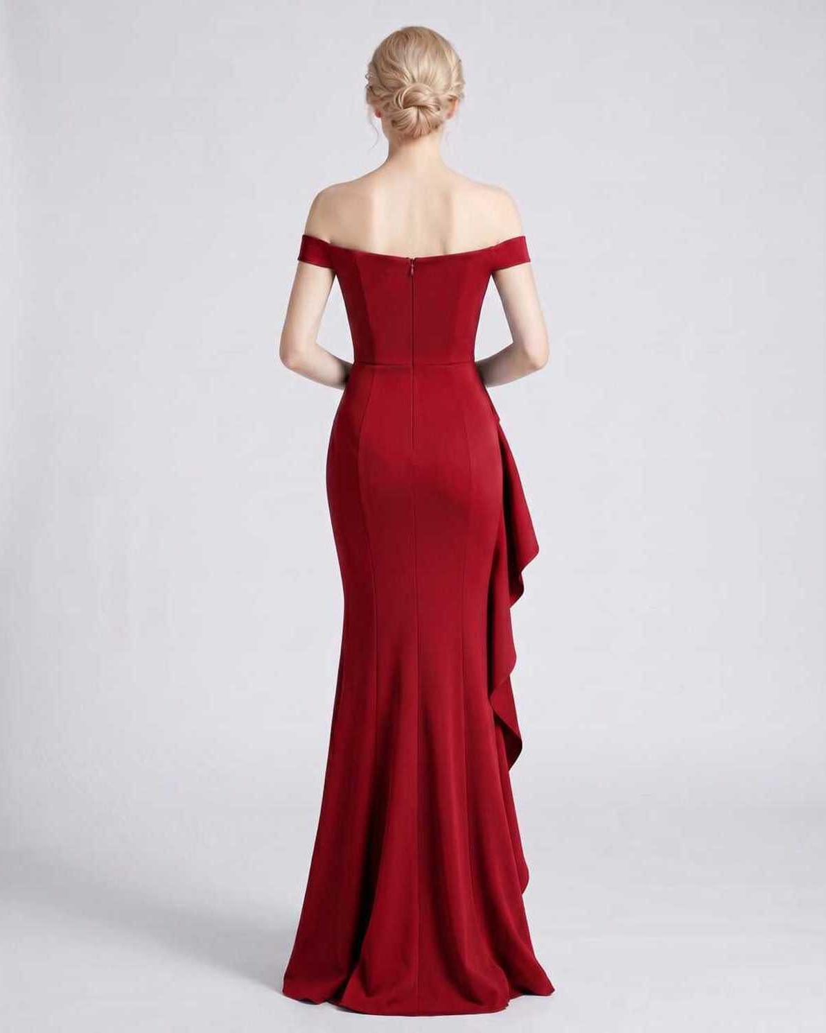 Veloura Maxi Dress by Lauven — polyester spandex off-the-shoulder mermaid maxi dress with slit