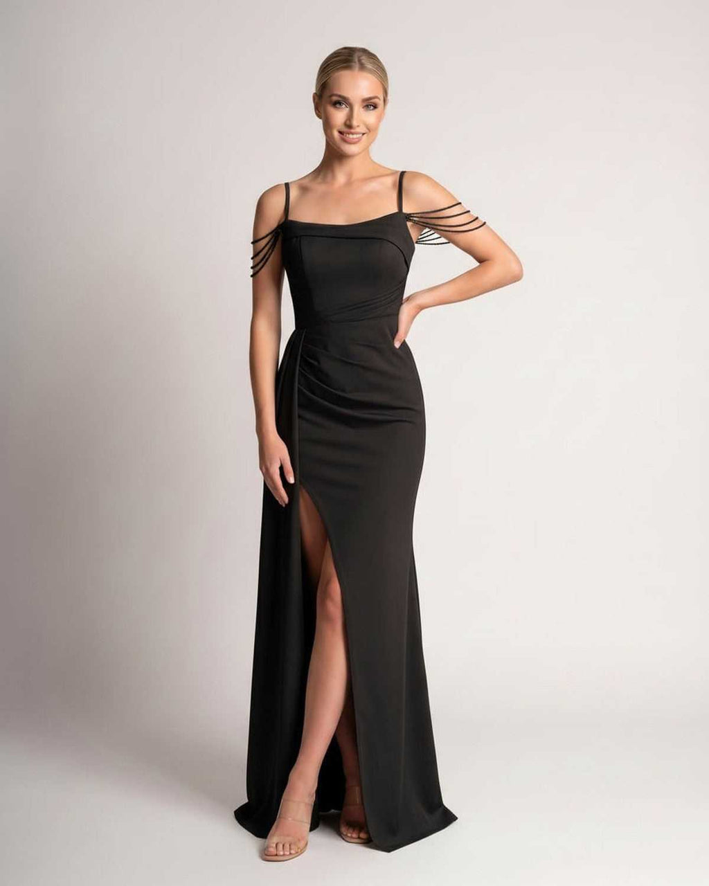 Celestia Maxi Dress by Lauven — polyester spaghetti strap mermaid maxi dress with beading and split