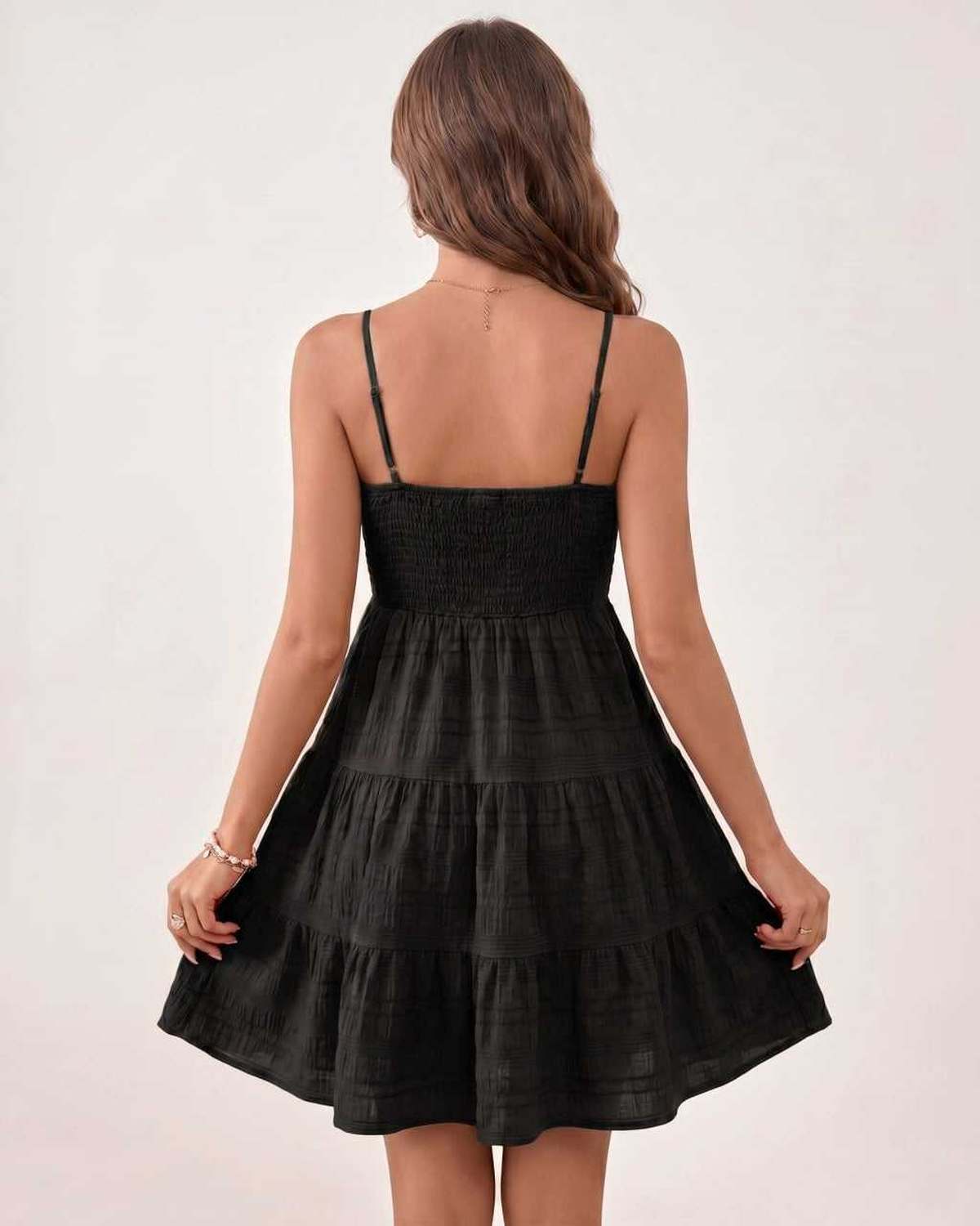 Solara Mini Dress by Lauven — textured sleeveless square neck tiered swing mini dress