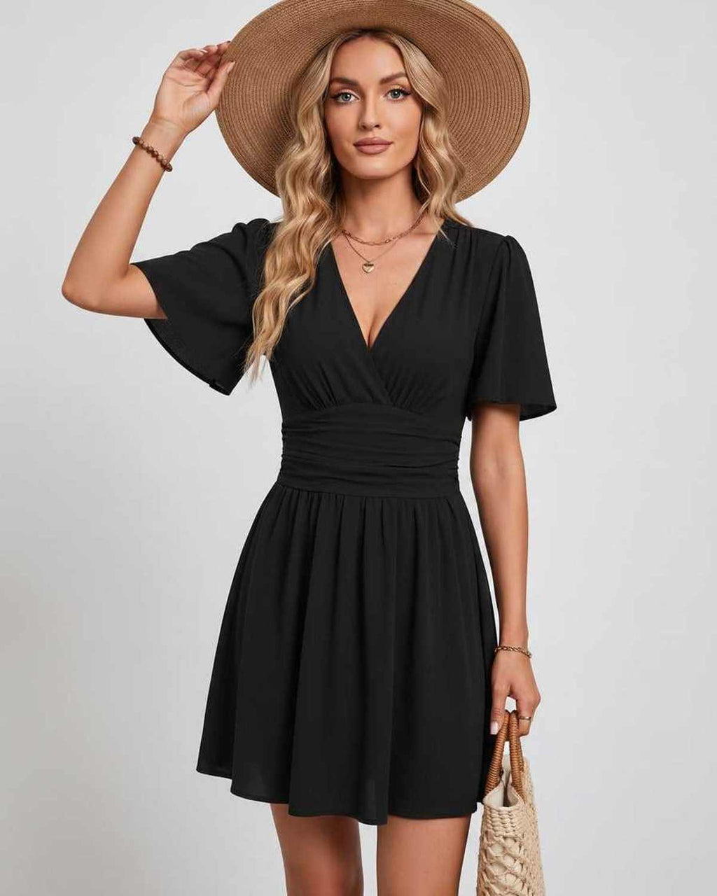 Calista Mini Dress by Lauven — chiffon ruffled short sleeve V-neck A-line mini dress