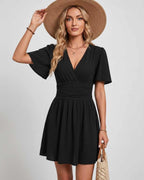Calista Mini Dress by Lauven — chiffon ruffled short sleeve V-neck A-line mini dress
