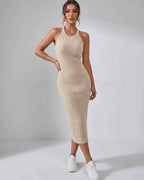 Lunara Midi Dress by Lauven — ribbed knit sleeveless crew neck slim-fit midi dress