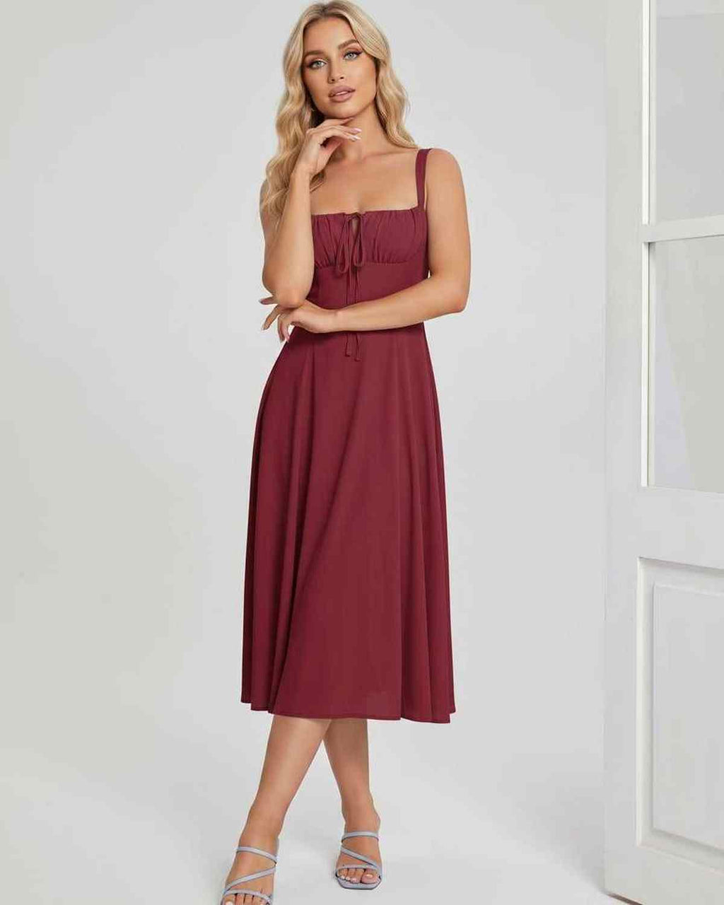 Serelune Midi Dress by Lauven — lightweight sleeveless square neck A-line midi dress
