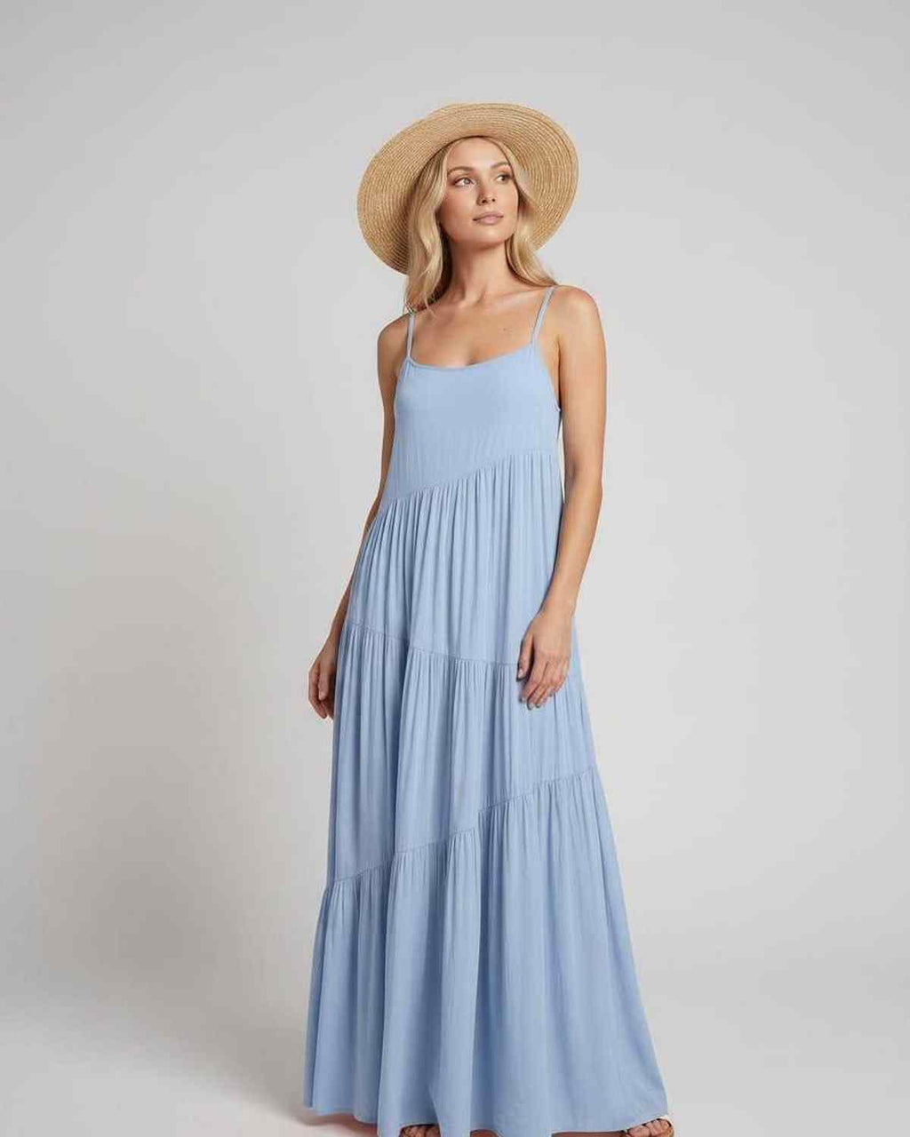Solenne Maxi Dress by Lauven — rayon blend sleeveless scoop neck tiered A-line maxi dress