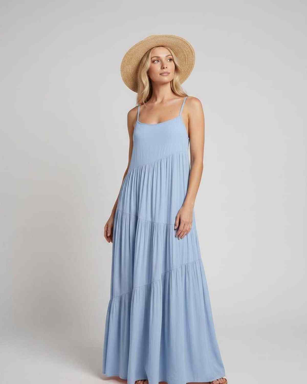 Solenne Maxi Dress by Lauven — rayon blend sleeveless scoop neck tiered A-line maxi dress