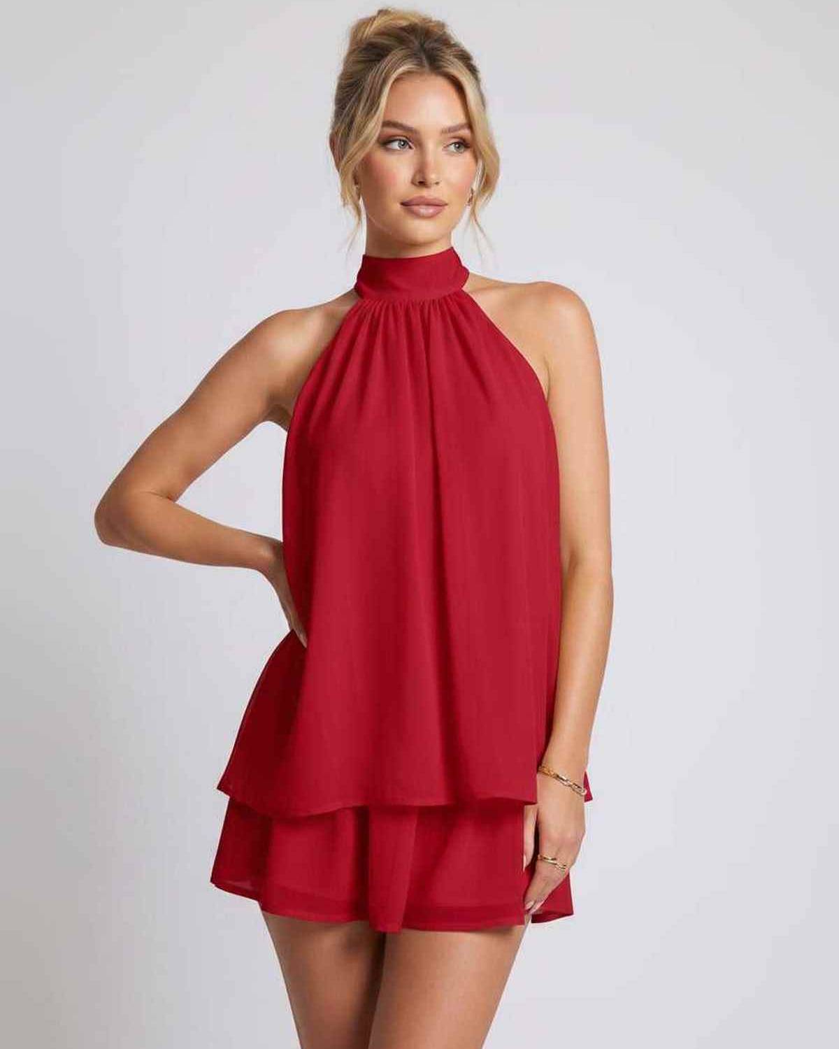 Celestia Mini Dress by Lauven — chiffon sleeveless halter neck mini dress