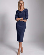 Serene Midi Dress by Lauven — knit batwing sleeve cowl neck fitted midi dress