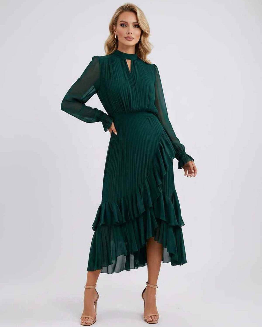 Celestia Maxi Dress by Lauven — chiffon long sleeve high neck A-line maxi dress