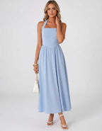Veloura Midi Dress by Lauven — satin blend sleeveless square neck A-line midi dress