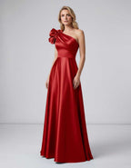 Aurevina Maxi Dress by Lauven — satin one shoulder A-line maxi dress with ruffle detail