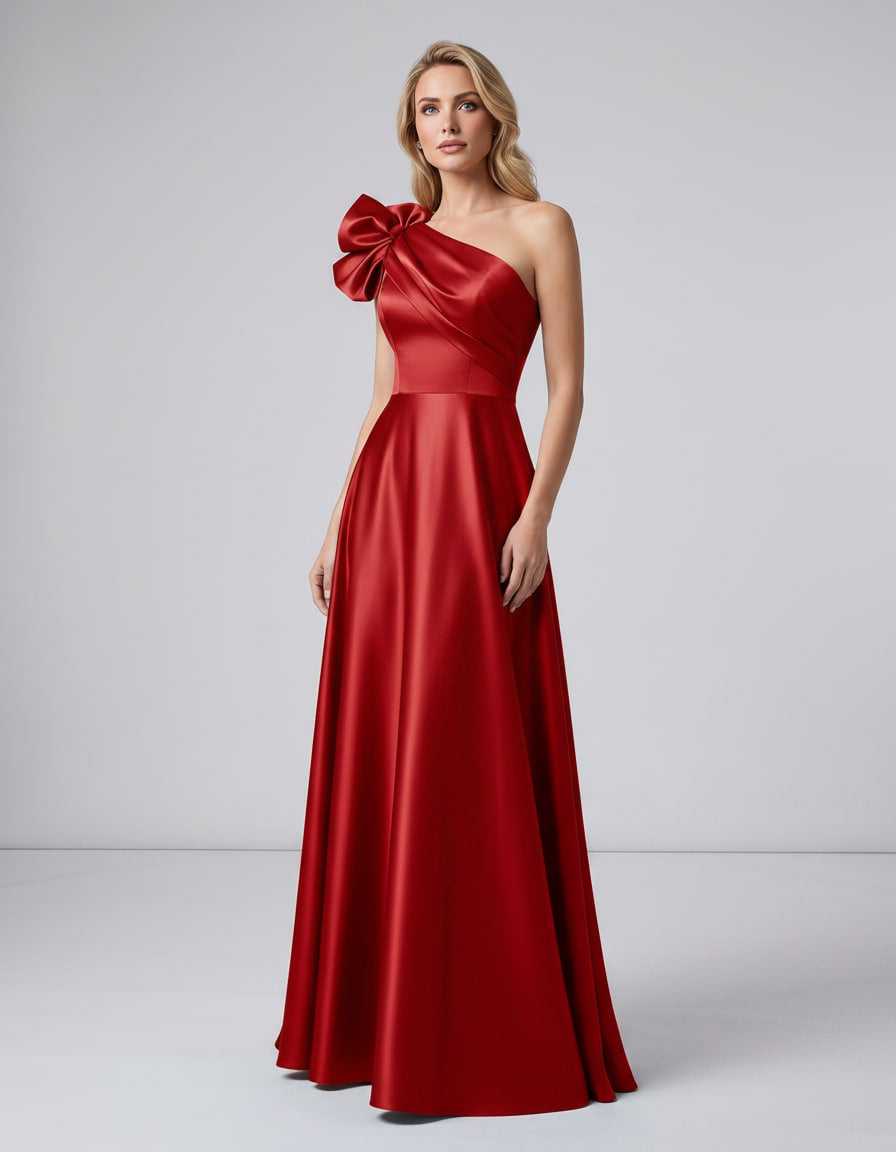 Aurevina Maxi Dress by Lauven — satin one shoulder A-line maxi dress with ruffle detail