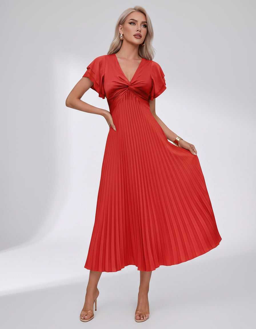 Veloura Midi Dress by Lauven — pleated chiffon flutter sleeve V-neck A-line midi dress