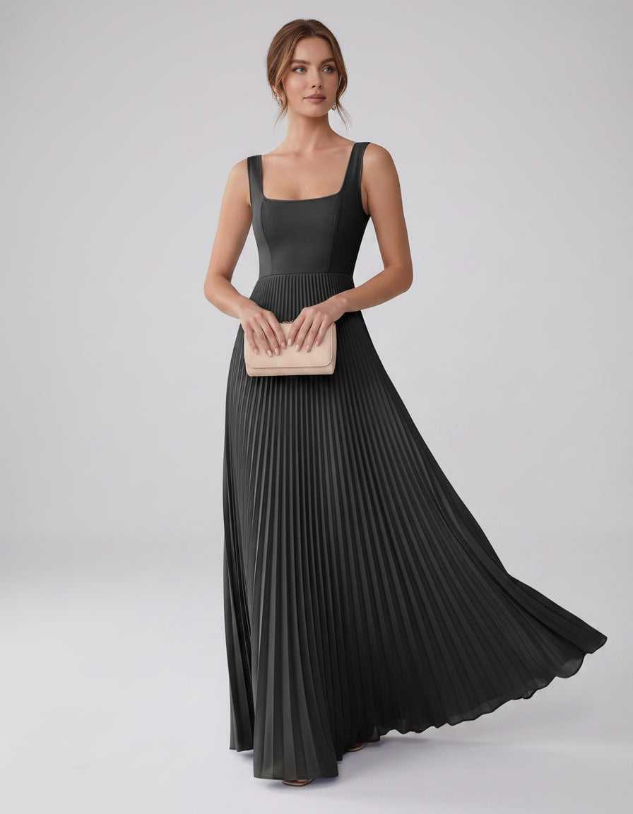 Veloura Maxi Dress by Lauven — satin chiffon sleeveless square neck pleated A-line maxi dress