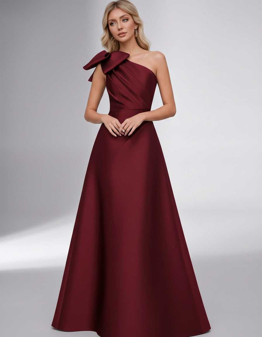 Celestia Maxi Dress by Lauven — satin one shoulder A-line maxi dress with bow