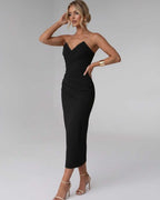 Serelle Midi Dress by Lauven — smooth stretch strapless sweetheart neck fitted midi dress