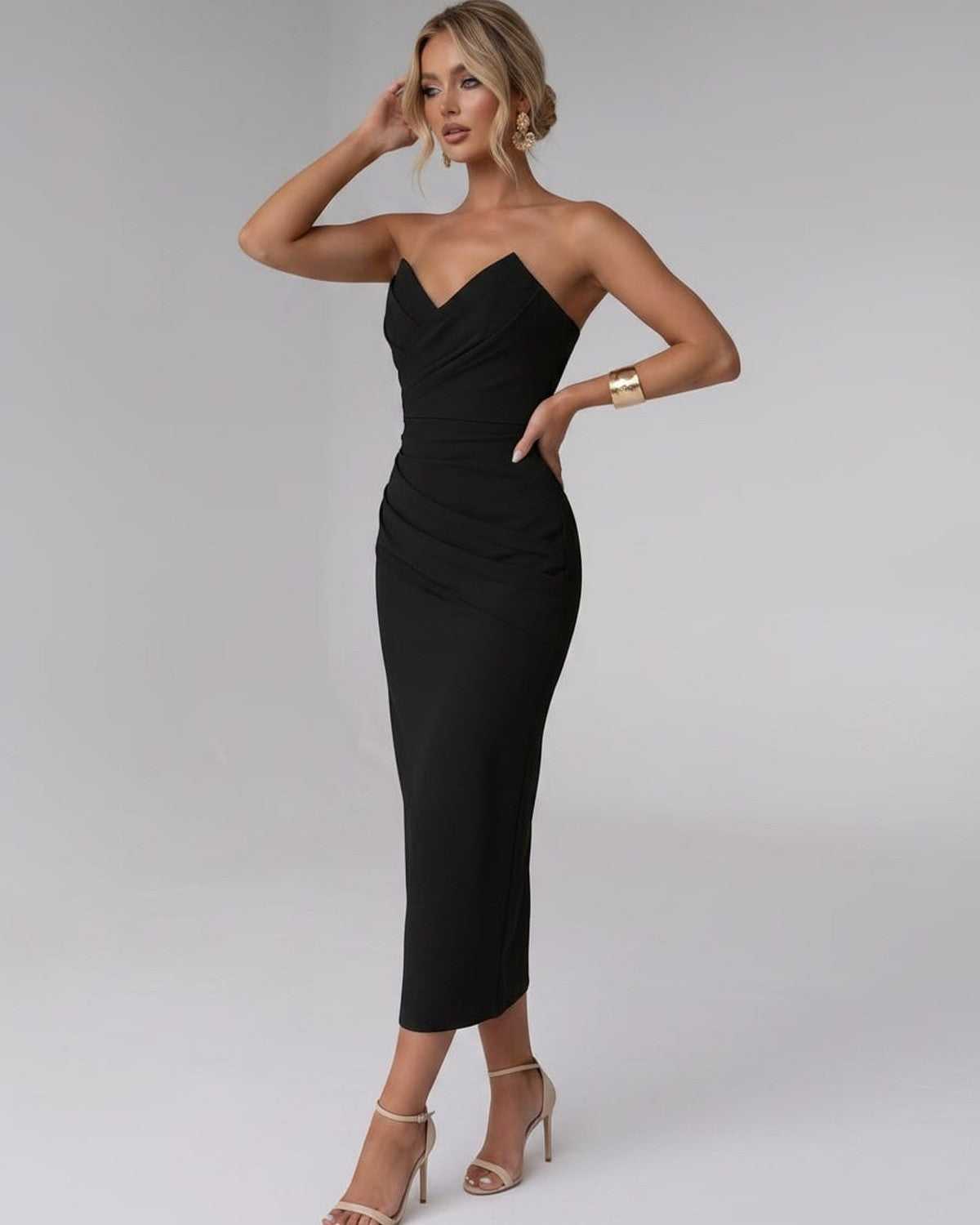 Serelle Midi Dress by Lauven — smooth stretch strapless sweetheart neck fitted midi dress