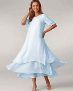 Aurelia Midi Dress by Lauven — lightweight short sleeve round neck layered midi dress