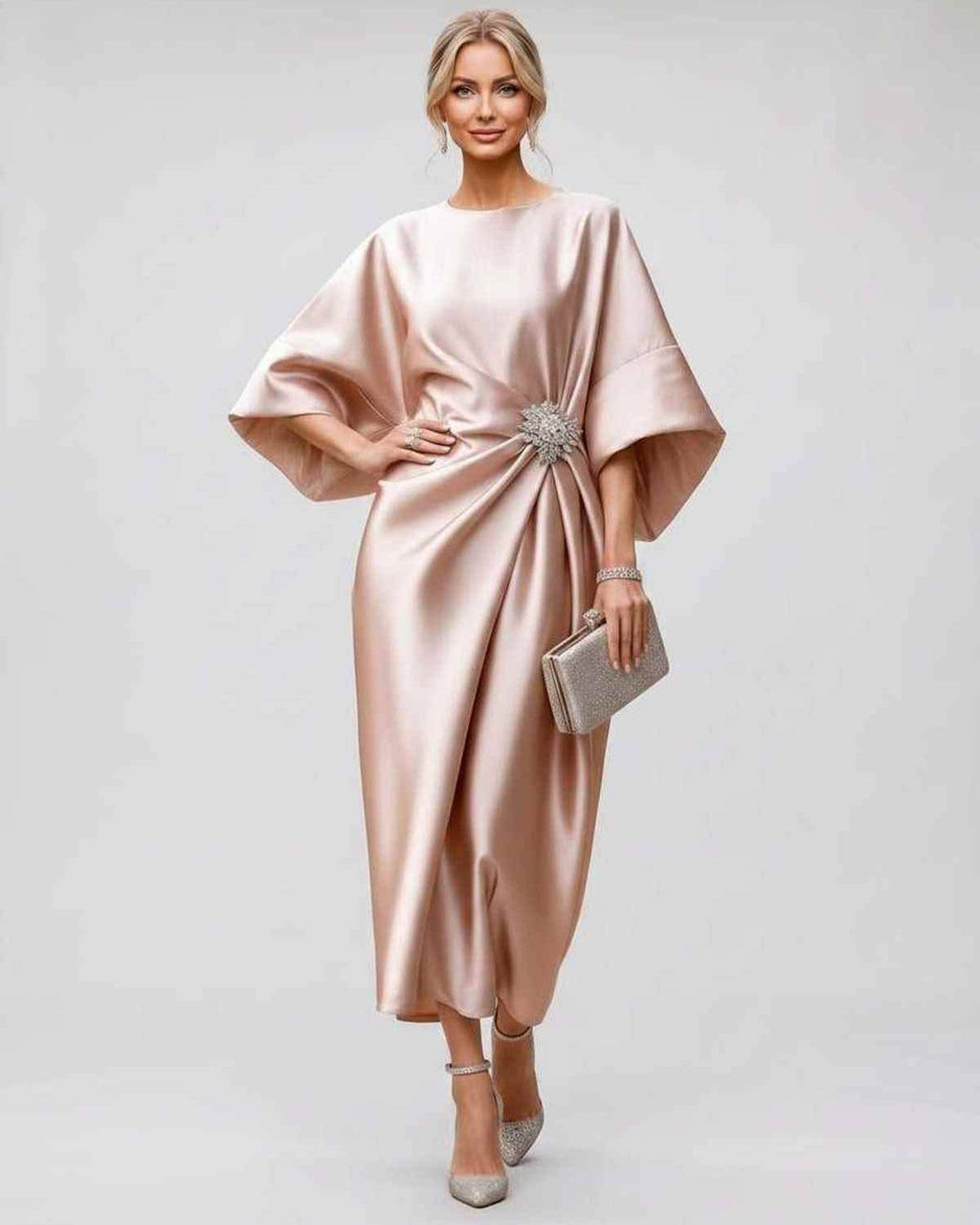 Seralyn Midi Dress by Lauven — satin kimono sleeve boat neck draped midi dress