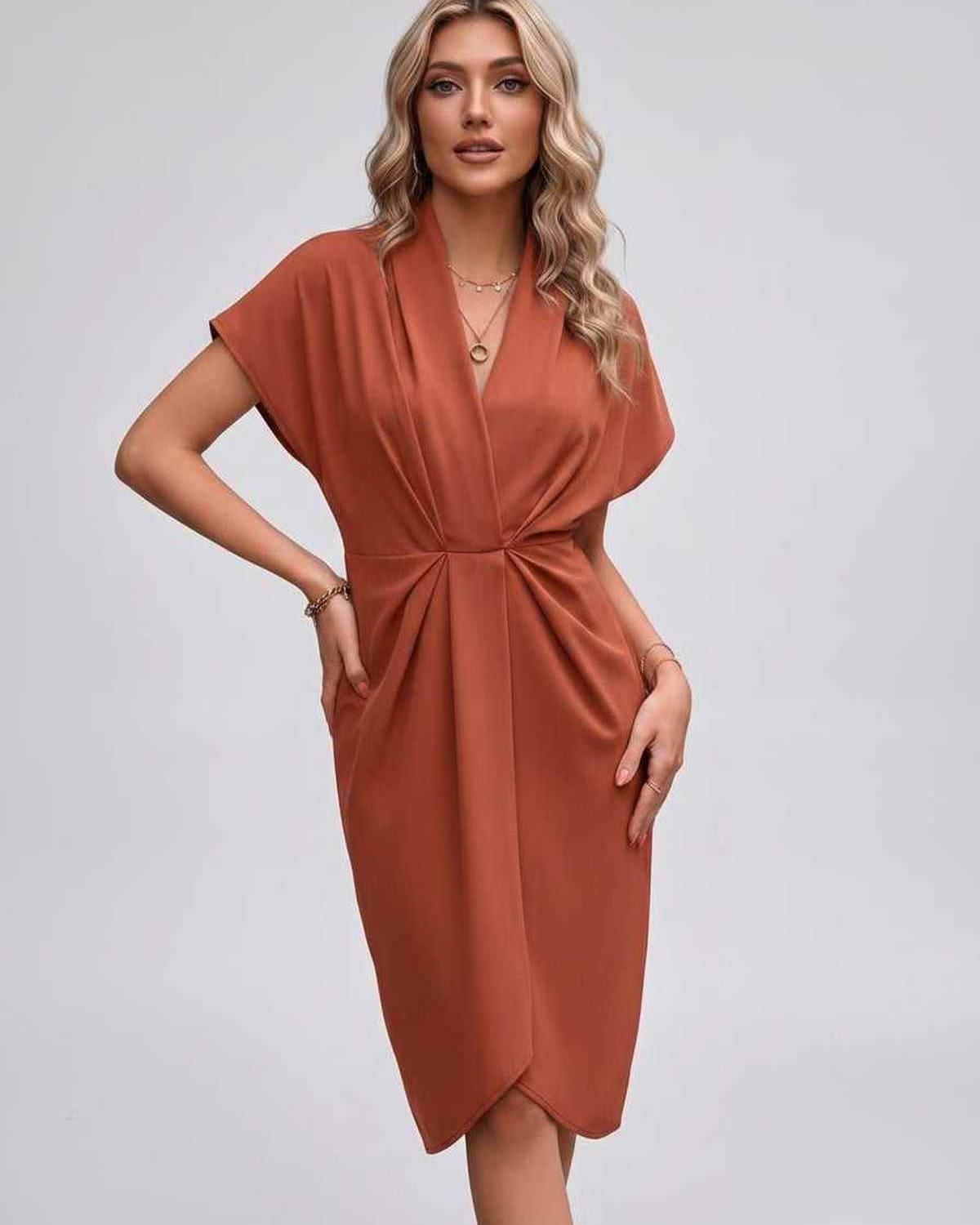 Veloura Midi Dress by Lauven — satin cap sleeve V-neck draped midi dress