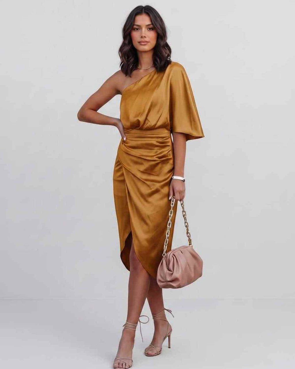 Veloura Midi Dress by Lauven — satin one shoulder draped midi dress with slit