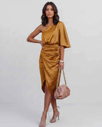 Veloura Midi Dress by Lauven — satin one shoulder draped midi dress with slit