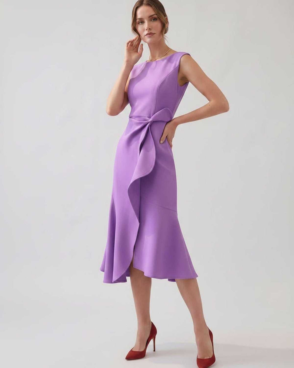 Serelune Midi Dress by Lauven — sleeveless satin midi dress with ruffle detail and fit flare silhouette