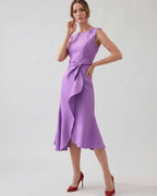 Serelune Midi Dress by Lauven — sleeveless satin midi dress with ruffle detail and fit flare silhouette