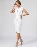 Velmira Midi Dress by Lauven — sleeveless keyhole wrap midi dress with ruched waist