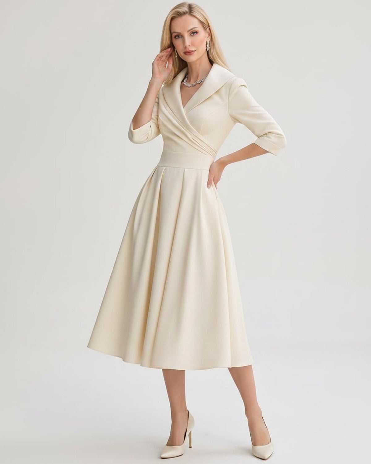 Serelune Midi Dress by Lauven — satin blend 3/4 sleeve V-neck A-line midi dress