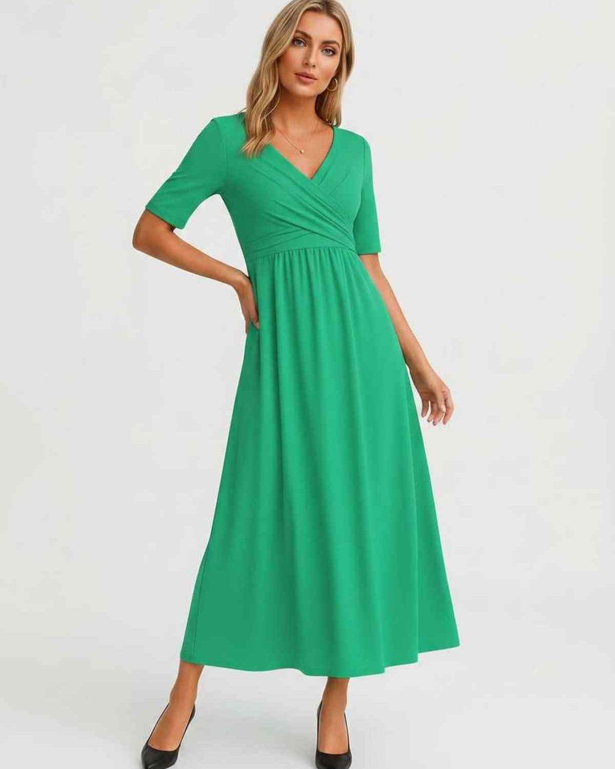 Velmira Midi Dress by Lauven — soft stretch short sleeve V-neck A-line midi dress
