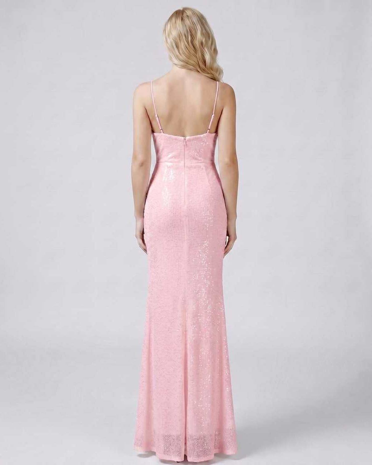 Celeste Maxi Dress by Lauven — sequin sleeveless V-neck mermaid maxi dress with spaghetti straps and front slit