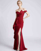 Veloura Maxi Dress by Lauven — polyester spandex off-the-shoulder mermaid maxi dress with slit