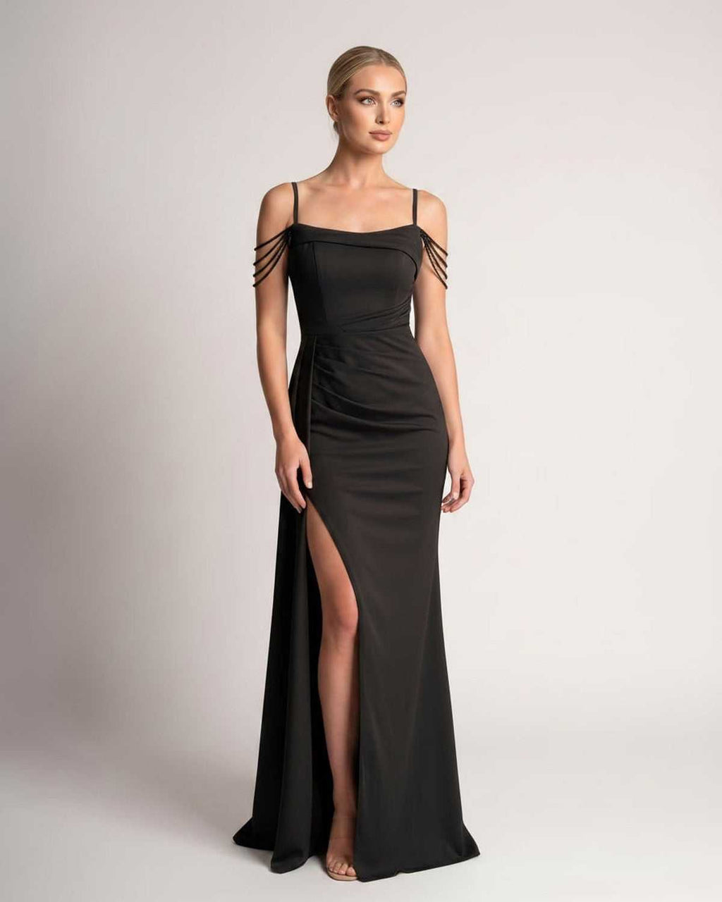 Celestia Maxi Dress by Lauven — polyester spaghetti strap mermaid maxi dress with beading and split