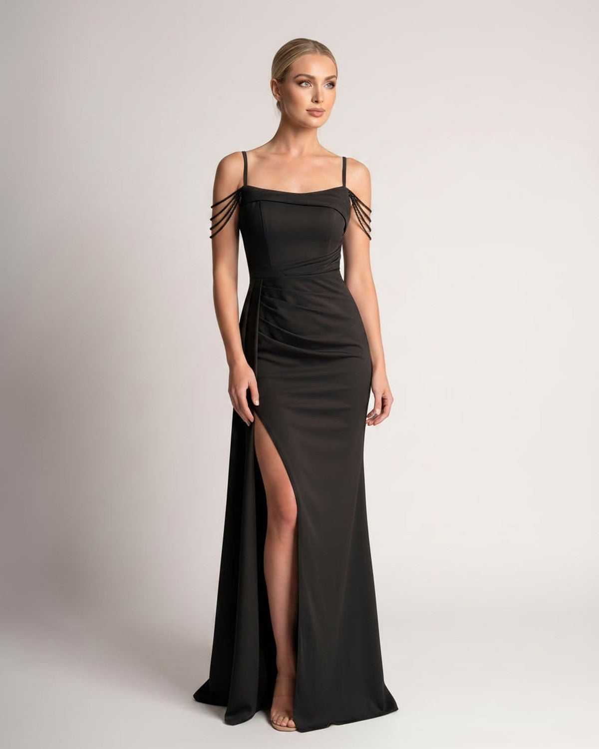 Celestia Maxi Dress by Lauven — polyester spaghetti strap mermaid maxi dress with beading and split